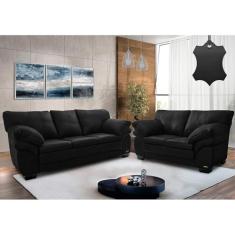 Conjunto Sofá de Couro Legítimo 3 e 2 Lugares Cama Inbox Monterrey 2,10x1,60m Preto