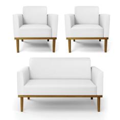 Sofá Namoradeira com 2 Poltronas Base de Madeira Fixa Castanho Marisa 