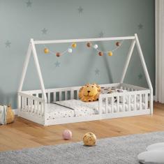 Cama Infantil Madeira Branco Grade Montessori Casinha de Chão Nicolas 