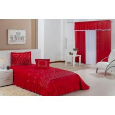 Kit Cobre Leito Solteiro Desejos 04 Peças Bordado + Cortina 2,00x1,70m