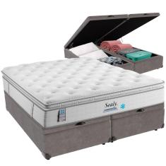 Cama Box Baú Cinza E Colchão Confort Gel Molas Ensacadas Com Pillow Top Queen Sealy