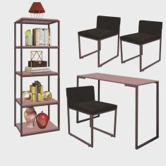 Kit Escritório Ravi 3 Cadeiras Suede Marrom com 1 Mesa e 1 Livreiro Ferro Marrom mdf Rose Rosa - Ahazzo Móveis