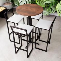 Conjunto Mesa Alta Bar Bistrô Redonda Imbuia 4 Banquetas Confort Estof