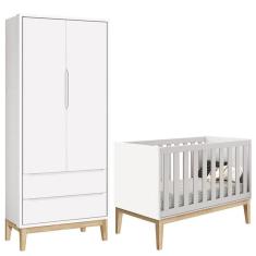 Berço Americano E Guarda Roupa Classic 2 Portas Branco Com Pés Madeira Natural - Reller
