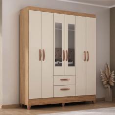 Guarda-Roupa Solteiro Fortaleza 6 Portas 2 Gavetas com Espelho Canelato Rustico/Natural/Off White - Atualle Móveis