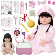 Bebe Boneca Reborn Recem Nascida Morena com Acessórios Luxo - Cegonha 