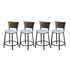 Jogo 4 Banqueta Baixa Para Cozinha Ratan Cappuccino Preta Estofado Flo