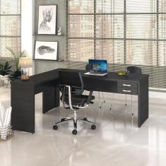 Mesa Para Escritório Em L 1,80x1,60m Tampo E Pés 30mm Com Gaveta Preto Ônix