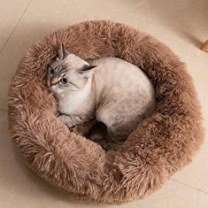 Cama de gato donut, camas de cachorro de pelúcia falsa para cães médios e pequenos - travesseiro redondo interno auto-aquecimento aconchego cama de gato lavável para cachorro cama de gato diâmetro 50 cm