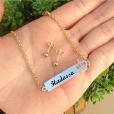 Conjunto Infantil Pulseira Chapinha Coroa Brinco Bolinha Banho De Ouro