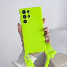Capa de silicone líquido com alça de colar crossbody para Samsung S23 S22 Ultra S21 Plus S20FE A52 A72 A22 A32 Candy Color Cover, verde fluorescente, para S21 Ultra