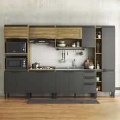 Cozinha Modulada 6 Peças 2 Aéreos 2 Balcões 1 Paneleiro e 1 Torre Quente Magnólia Mel/Grafite