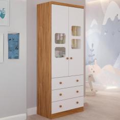 Guarda Roupa Infantil 2 Portas 3 Gavetas MDF Uli Faura, Amendoa/Branco