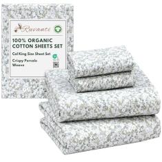 RUVANTI Lençóis 100% algodão orgânico California King, tecido percal, certificado GOTS, conjunto de 4 peças, bolso profundo de 33 cm, fresco e respirável, roupa de cama macia e durável, Sábanas