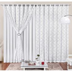 Cortina Yasmin 3 Metros Branca Tecido Malha Com Renda Floral Sala Ou Quarto