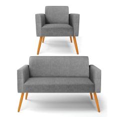 Sofá Namoradeira com Poltrona Pés Palito Castanho Marisa Linho Grafite A26 D03 - D`Rossi