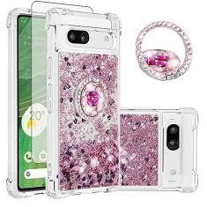 Asuwish Capa de celular para Google Pixel 7A 5G 2023 com protetor de tela e suporte de anel com glitter líquido brilhante transparente híbrido TPU silicone proteção resistente Pixel7A A7 mulheres