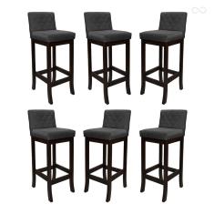 Kit 6 Banquetas Alta com Encosto Matelassê Tóquio Madeira Maciça Maciça Suede Cinza CCS