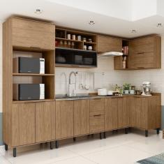 Cozinha Modulada Toscana 7 Peças Mdf com Aéreo 1200 Porta de Vidro Basculante e Armários Canto Freijó
