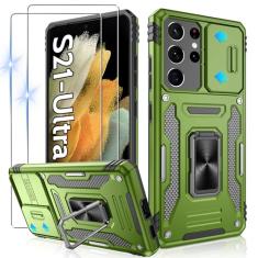 Gritup Capa ultrafina para Galaxy-S21 com capa deslizante para câmera + [2 protetores de tela HD], suporte giratório de metal 360°, capa protetora à prova de choque de grau militar para Samsung S21