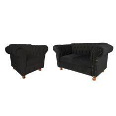 Conjunto Sofa Namoradeira Chesterfield Capitone Luis XV Suede Preto / decoracao, sala tv estar, recepcao