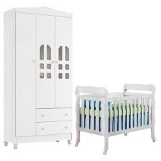 Berço Americano Lila e Guarda Roupa Infantil New Selena 3 Portas Branc