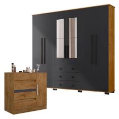 Cômoda 8000 e Guarda Roupa Casal B23063 Freijó Carbono com Espelho - Araplac