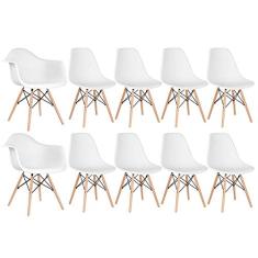 Loft7, Conjunto 2x Cadeiras Eames DAW com Braços + 8x Cadeiras Eiffel DSW, Madeira, Aço e Polipropileno, Sala de Estar, Jantar, Cozinha e Comercial - Branco