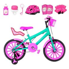 Bicicleta Infantil Feminina Aro 16 Nylon + Kit Premium Verde Água E Pink