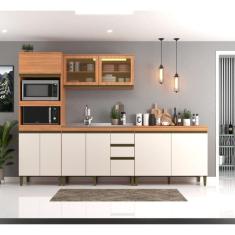 Cozinha Modulada 4 Peças 9 Portas 3 Gavetas 310cm Freijó/Off White