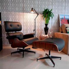 Poltrona Charles Eames com Puff Couro Natural Preto - CASA BENNE