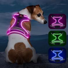 Peitoral para cães que acende de LED sem puxões com alça Vizbrite recarregável para cães pequenos/médios/grandes/extragrande, sem puxão, peitoral ajustável de 4 pontos