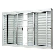 Janela de Aço Veneziana Central 100x200cm 6 Folhas com Grade Quadriculada e Vidro Liso Qualitysol Ramassol