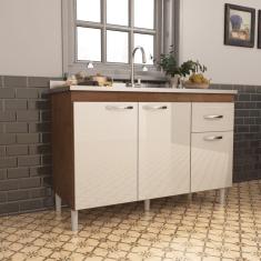 Balcão para Pia 120cm 3 Portas 1 Gaveta Moscou Indekes Noce/Off White