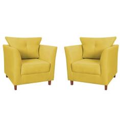 Kit 02 Poltronas Decorativa Isis Pés de Madeira Suede Amarelo - DS Est