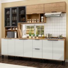 Cozinha Modulada Toscana 5 Peças Mdf com Aéreo 1200 Porta de Vidro e Paneleiro com Tampo Freijó/Off White