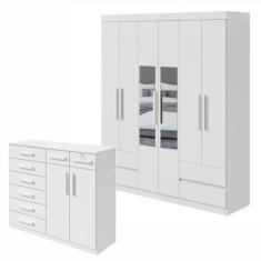 Conjunto de Guarda-roupa Casal com Espelho 6 Portas 4 Gavetas Zeuse Cômoda Toronto Branco