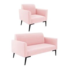Sofá Namoradeira Com Poltrona Pés Villach Marisa Suede Rosa Bebê D03 - D`rossi