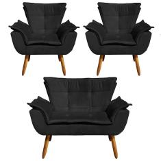 Kit Namoradeira 2 Lugares E 2 Poltronas Decorativas Pés Palito Opla Suede Preto - Ibiza