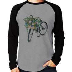 Camiseta Raglan Bicicleta Cesto de Flores Manga Longa - Foca na Moda, 