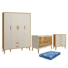 Dormitório Infantil Isis Guarda Roupa 4 Portas, Cômoda E Berço Areia Savana Com Colchão - Reller Móveis Areia Savana