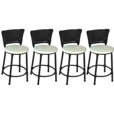 Kit 4 Banquetas Baixas Preta com Encosto Junco Preto Assento Branco