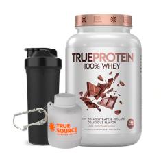 True Protein 100% Whey 874g + Chaveiro Porta Whey Protein Mini Pote Branco + Coqueteleira - True Source (Milk Chocolate)