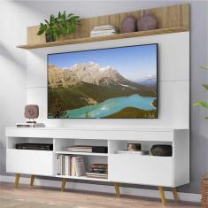 Rack com Painel TV 65&quot; Madri Multimóveis Branco/Rustic com Prateleira e Pés Retrô Natural