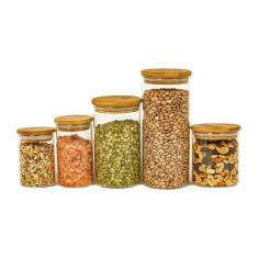 Potes de Vidro P/ Mantimentos C/ Tampa Bambu Oikos - 5 Pçs, U, NATURAL