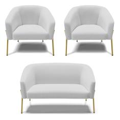 Sofá Namoradeira E 2 Poltronas Pé De Ferro Dourado Stella Linho D03 - D'rossi Cor A05 Cinza