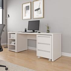 Mesa De Escritório 150cm Com Gaveteiro Com Rodízio E Prateleiras Ficus Cabecasa Madeiramadeira Branco