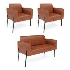 Sofá Namoradeira e 2 Poltronas Pé de Ferro Preto Marisa Corano Nozes D03 - D'Rossi