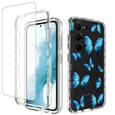 Ueokeird Capa para Galaxy S23 Plus, capa para Samsung S23+ com protetor de tela de vidro temperado, capa protetora de corpo inteiro com estampa de borboleta transparente para Samsung Galaxy S23 Plus