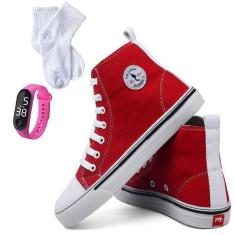 Kit Tênis Casual Feminino Cano Médio Liso + Relógio + Meia - Polo Blu,